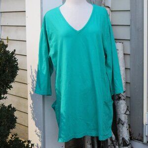 Ulla Popken Deep Aqua V-Neck Side Pocket Cotton Knit Swing Tunic Sz 16/18